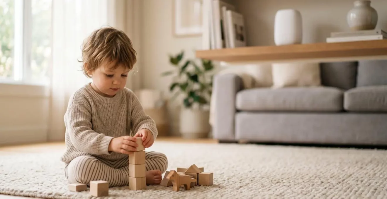 Pièce de vie sécurisée montrant une zone de jeu d'enfant éloignée d'un dispositif répulsif à ultrasons