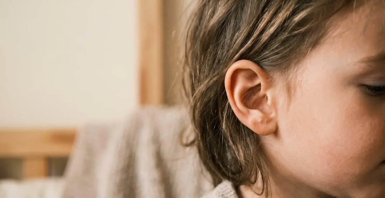 Gros plan sur l'oreille d'un jeune enfant dans un environnement domestique doux et chaleureux