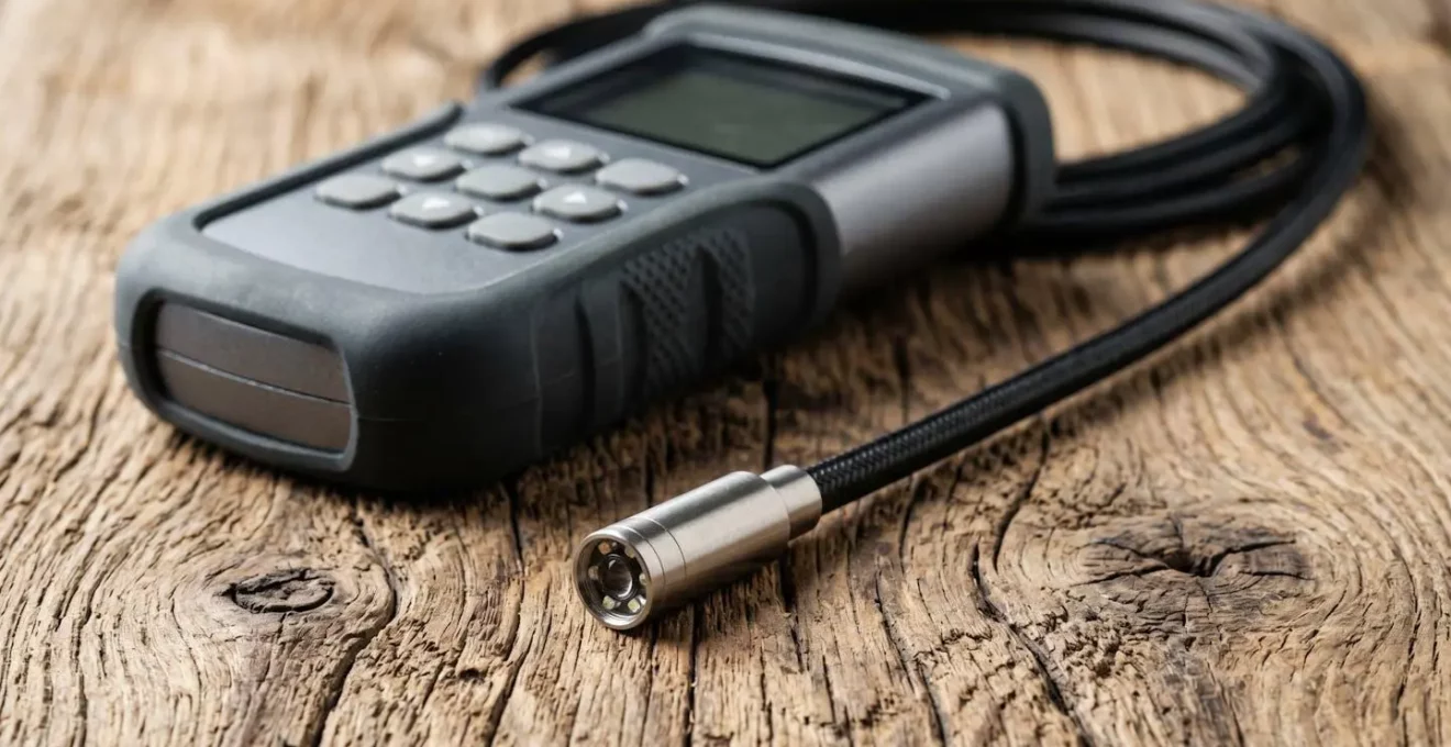 Équipement professionnel d'inspection immobilière avec endoscope et humidimètre sur une surface en bois naturel