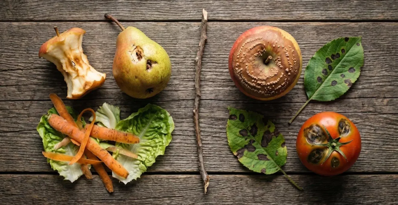 Comparaison visuelle entre fruits sains compostables et fruits malades à éliminer