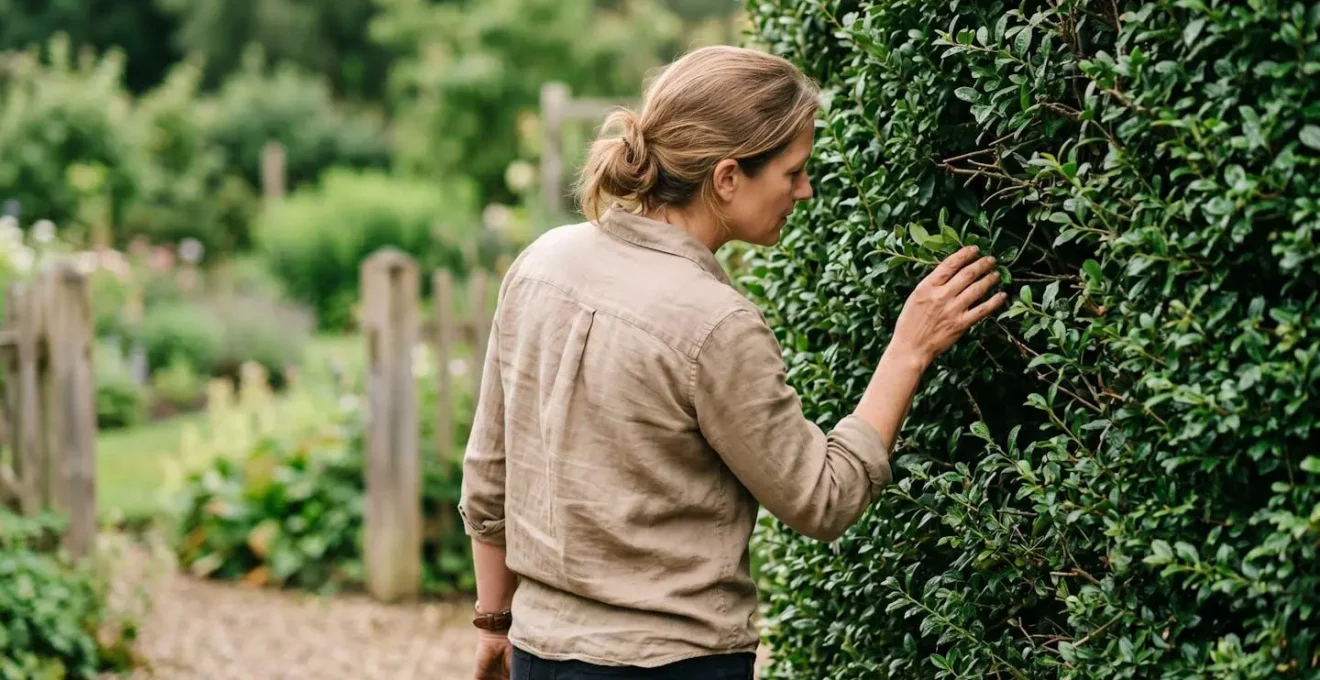 Jardinier inspectant visuellement une haie dense a la recherche de signes d'activite d'insectes