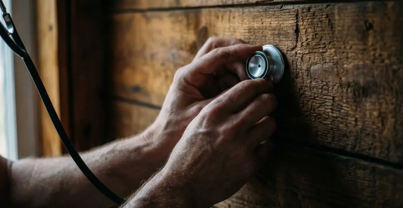 Personne écoutant un mur en bois avec un stéthoscope pour détecter l'activité des fourmis charpentières la nuit