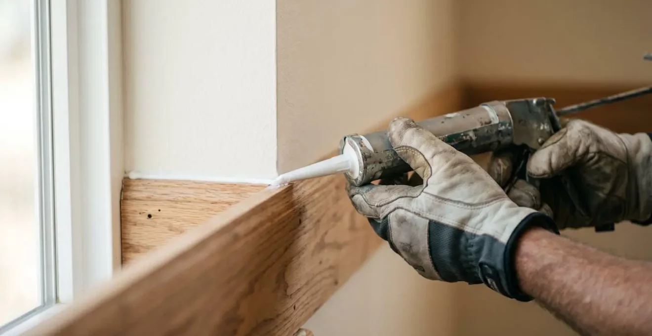 Gros plan sur l'application professionnelle d'un joint de mastic le long d'une plinthe en bois contre un mur