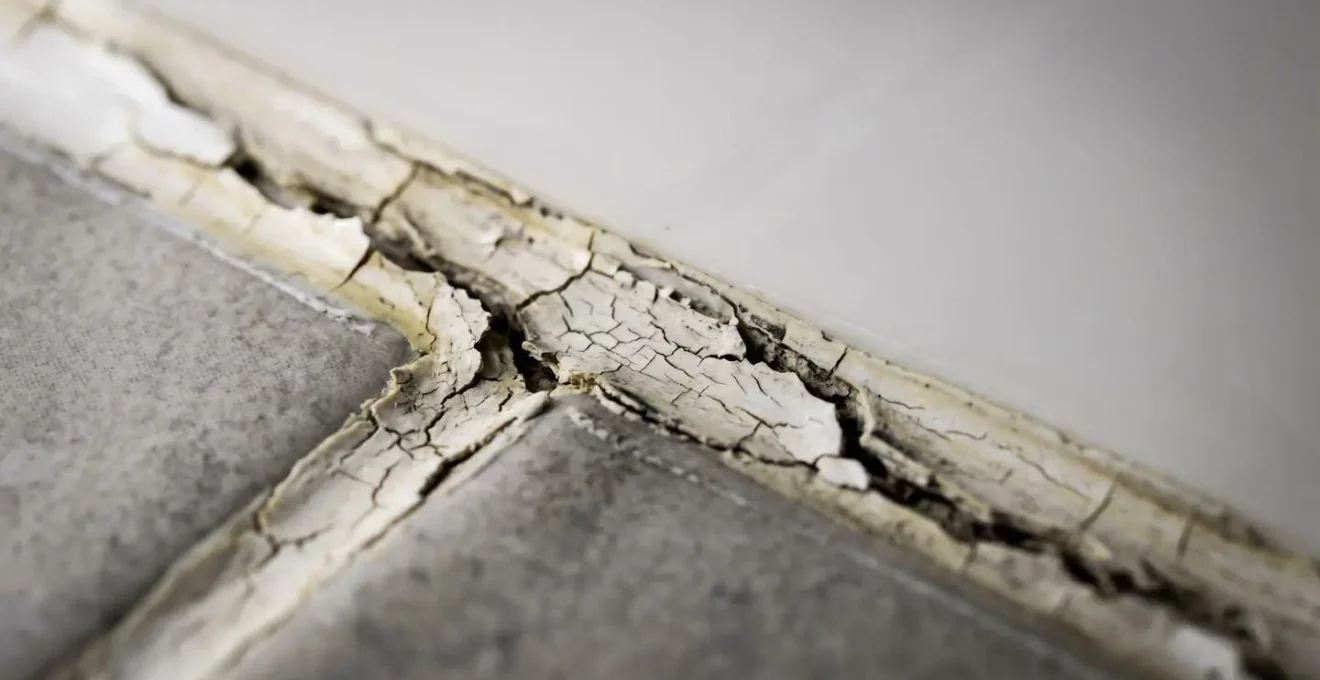 Détail macro d'un joint de silicone dégradé montrant les fissures et espaces exploitables par les insectes rampants