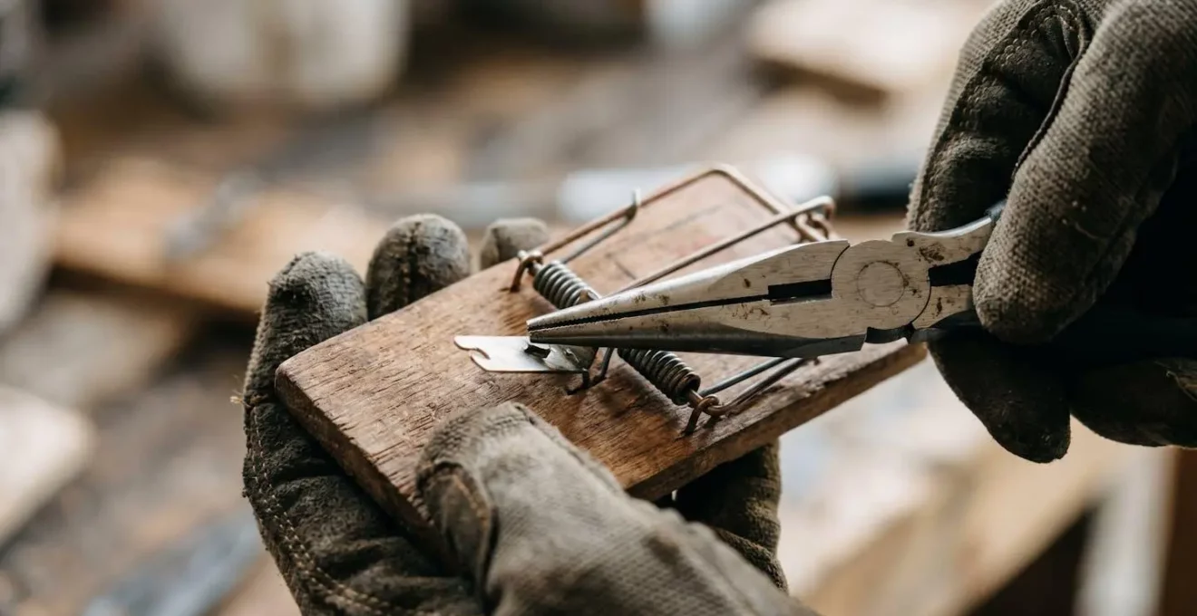 Gros plan sur des mains gantées manipulant un piège mécanique pour rongeurs avec un outil de sécurité