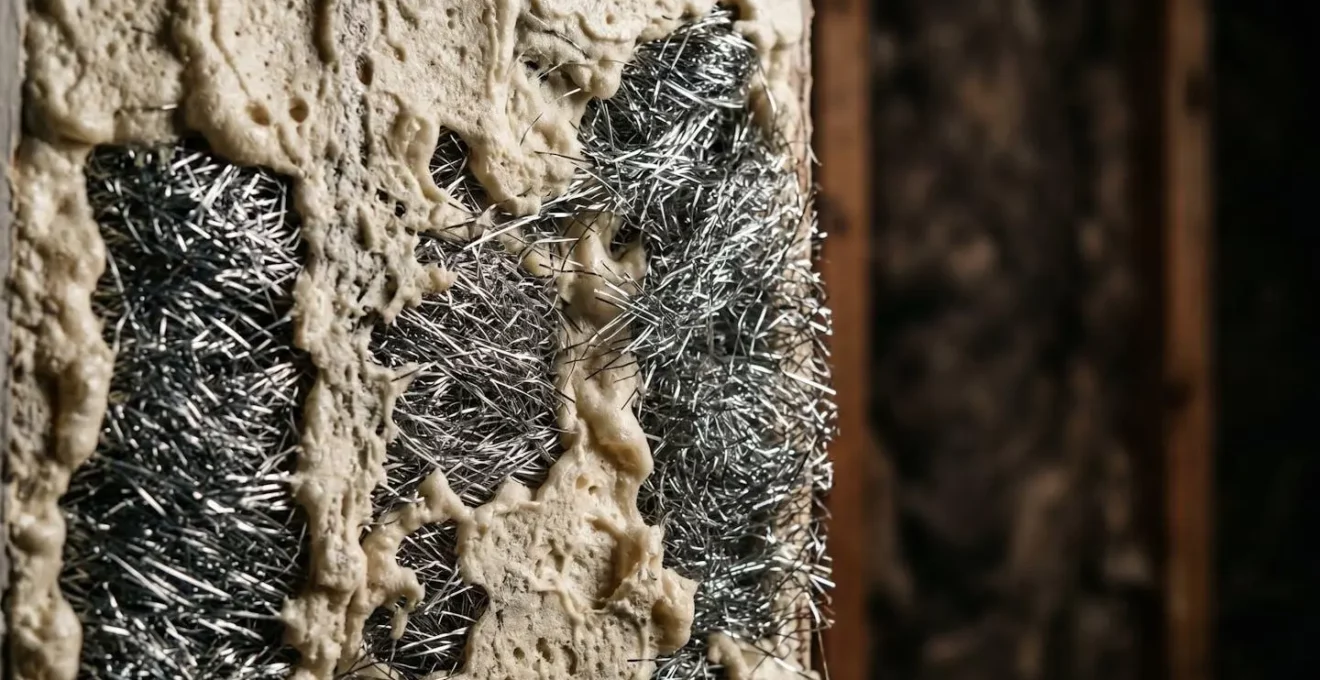 Vue détaillée d'une matrice renforcée combinant mousse expansive et laine d'acier pour bloquer l'accès aux rats