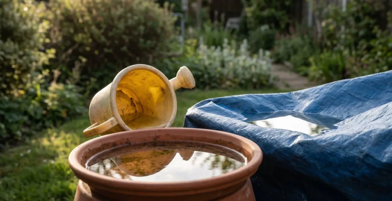 Vue rapprochée de micro-accumulations d'eau stagnante dans des objets de jardin servant de gîtes larvaires aux moustiques