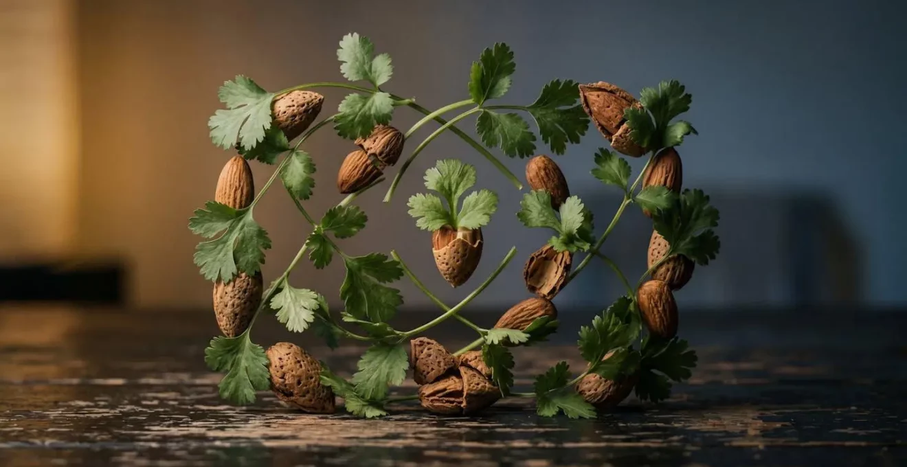 Composition symbolique évoquant la détection olfactive d'une infestation de punaises de lit avec des éléments naturels suggérant l'odeur de coriandre