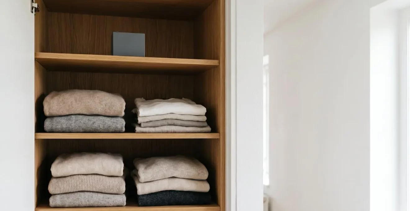 Vue environnementale d'un placard ouvert montrant l'installation stratégique de pièges à phéromones pour mites textiles