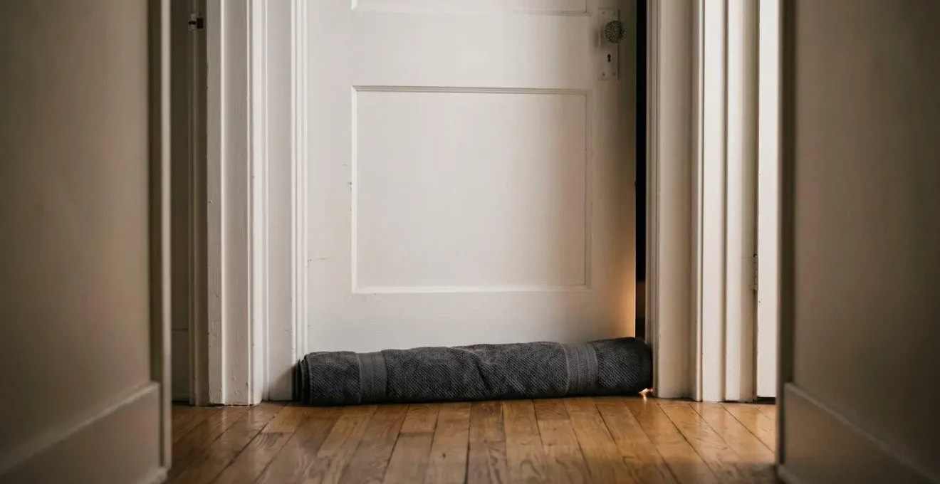 Une porte fermée avec une serviette en bas, symbolisant le confinement d'une pièce avant une intervention sur un nuisible dans une cloison.