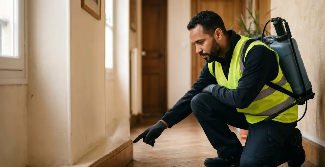 Technicien en désinsectisation équipé professionnellement intervenant dans un environnement résidentiel