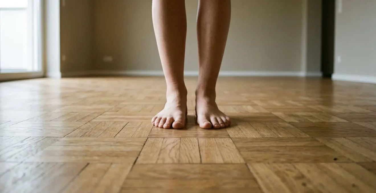 Vue en contre-plongée minimaliste montrant des chevilles humaines sur un parquet, évoquant la perspective des puces au ras du sol