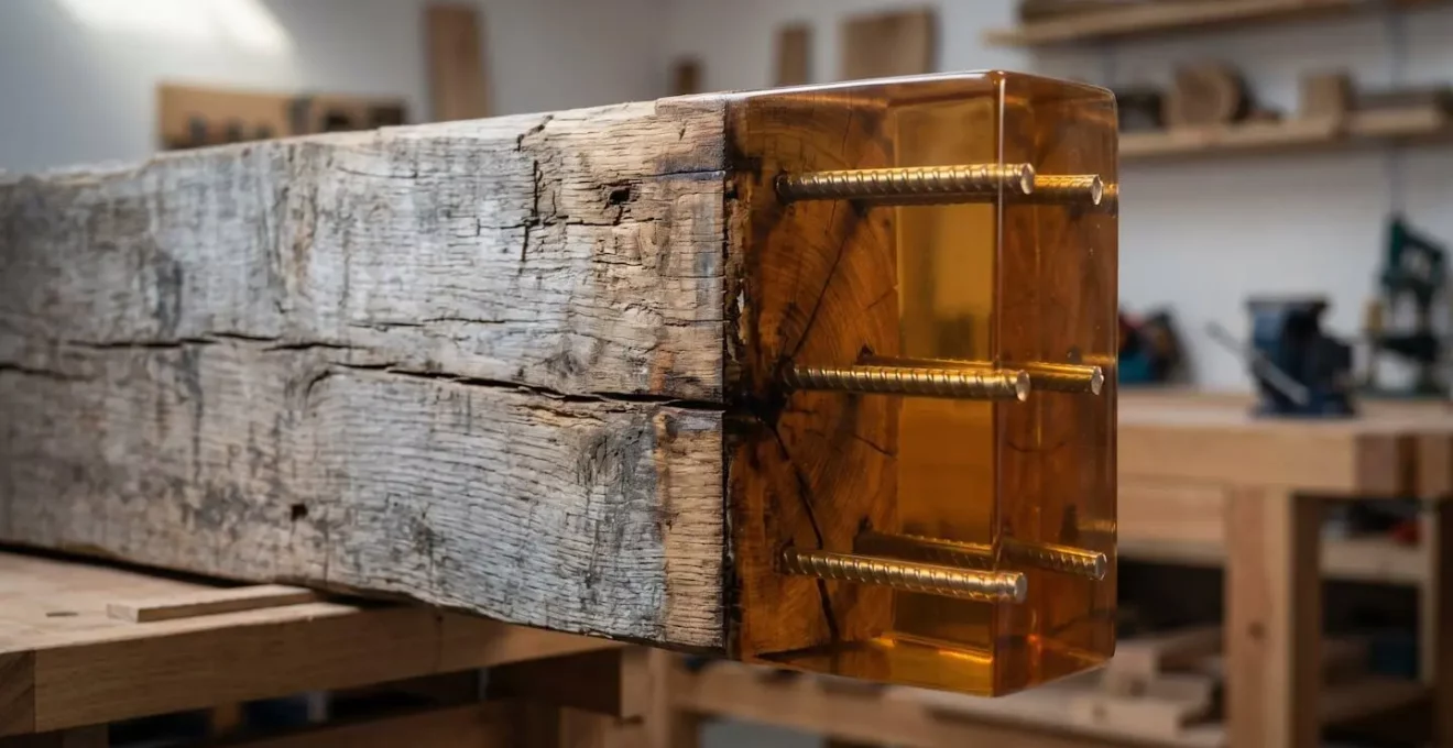 Restauration d'une poutre porteuse avec incorporation d'armatures métalliques et résine époxy