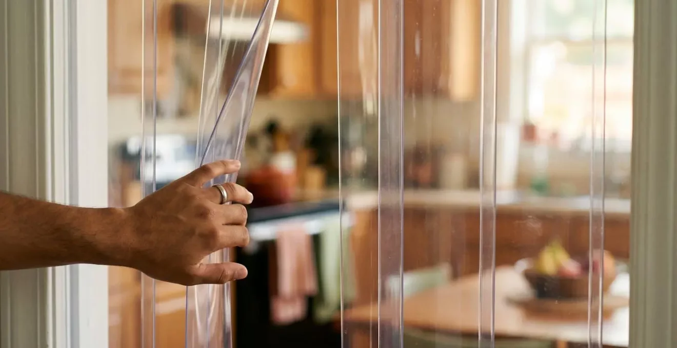 Vue rapprochée de lanières de porte translucides en PVC anti-insectes installées dans l'encadrement d'une porte de cuisine