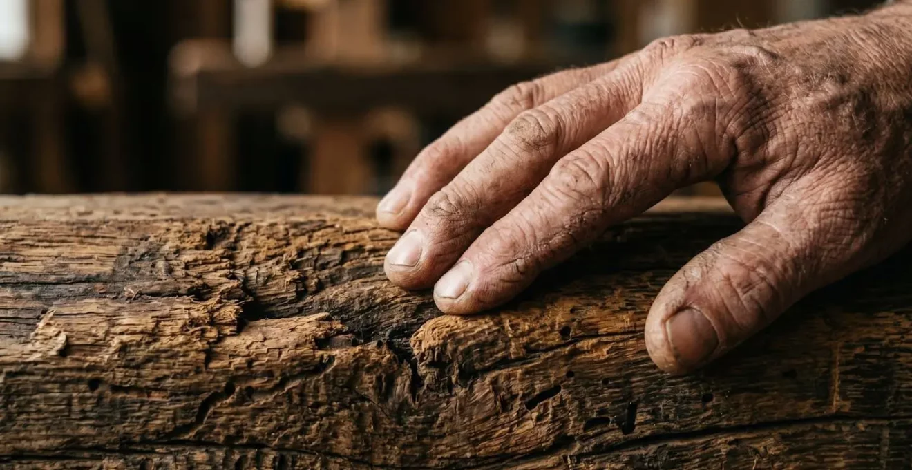 Gros plan sur une main d'artisan testant la résistance d'une poutre ancienne avec un poinçon