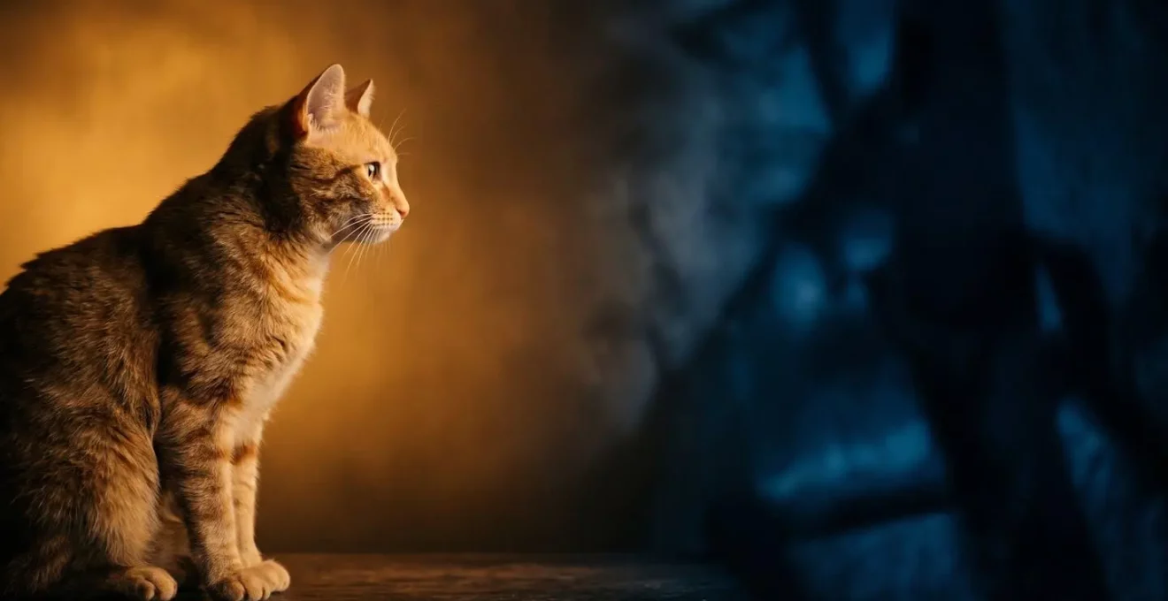 Composition symbolique évoquant le danger de la perméthrine pour les chats, avec des éléments visuels contrastés suggérant la toxicité neurologique