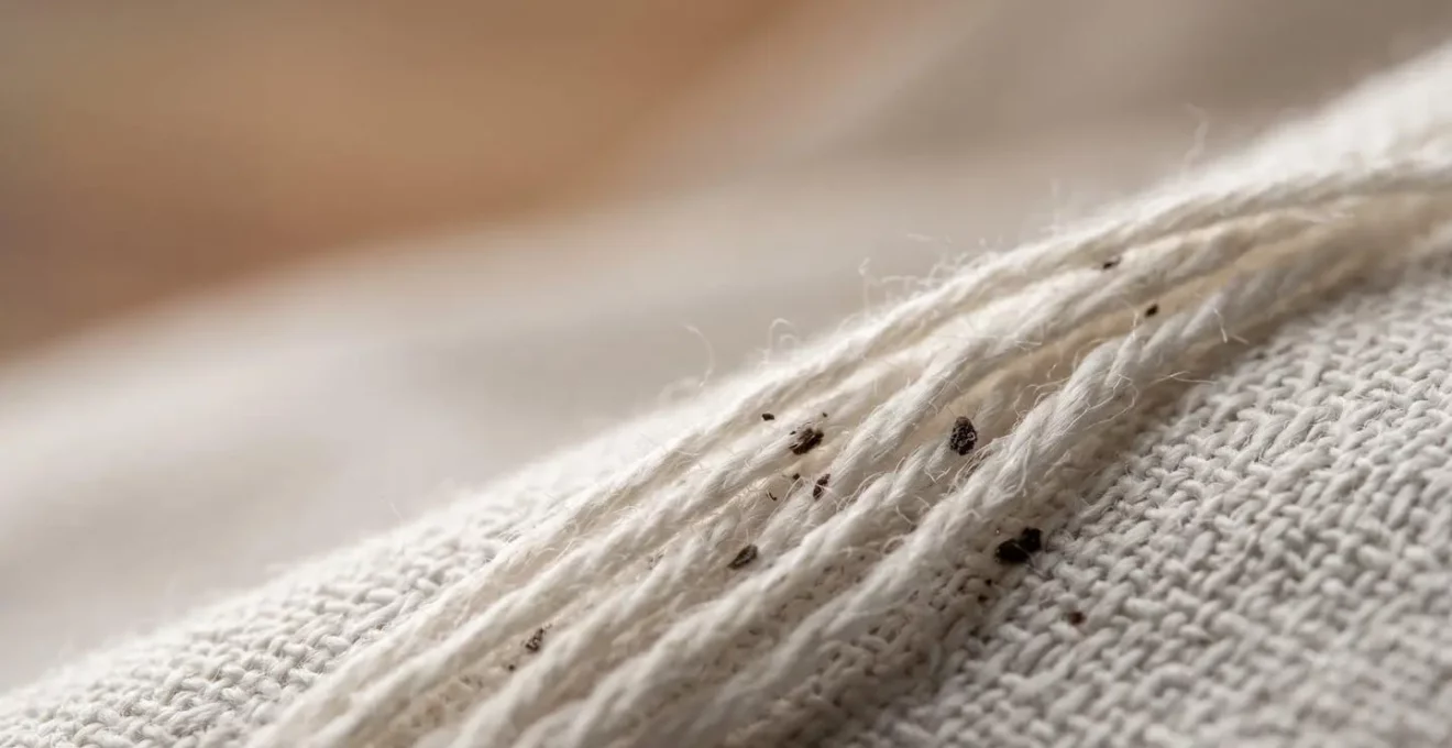 Gros plan sur des draps blancs présentant de petites taches sombres caractéristiques des déjections de punaises de lit