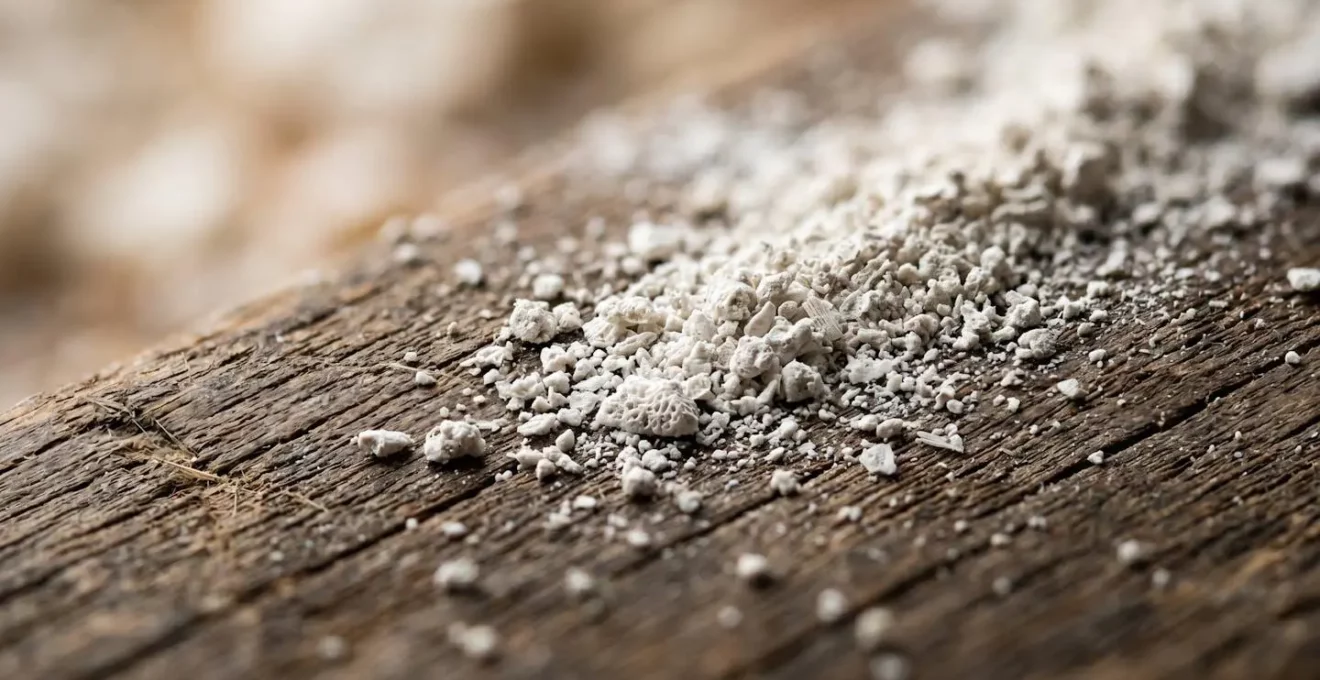 Vue macro d'une fine poudre blanche de terre de diatomée avec texture granuleuse visible sur une surface en bois naturel