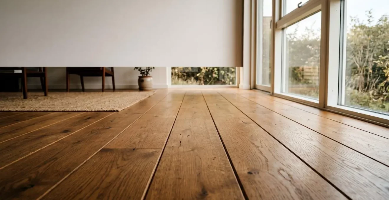 Vue d'ensemble minimaliste d'un intérieur avec parquet en bois montrant l'environnement où peuvent se cacher les puces de parquet