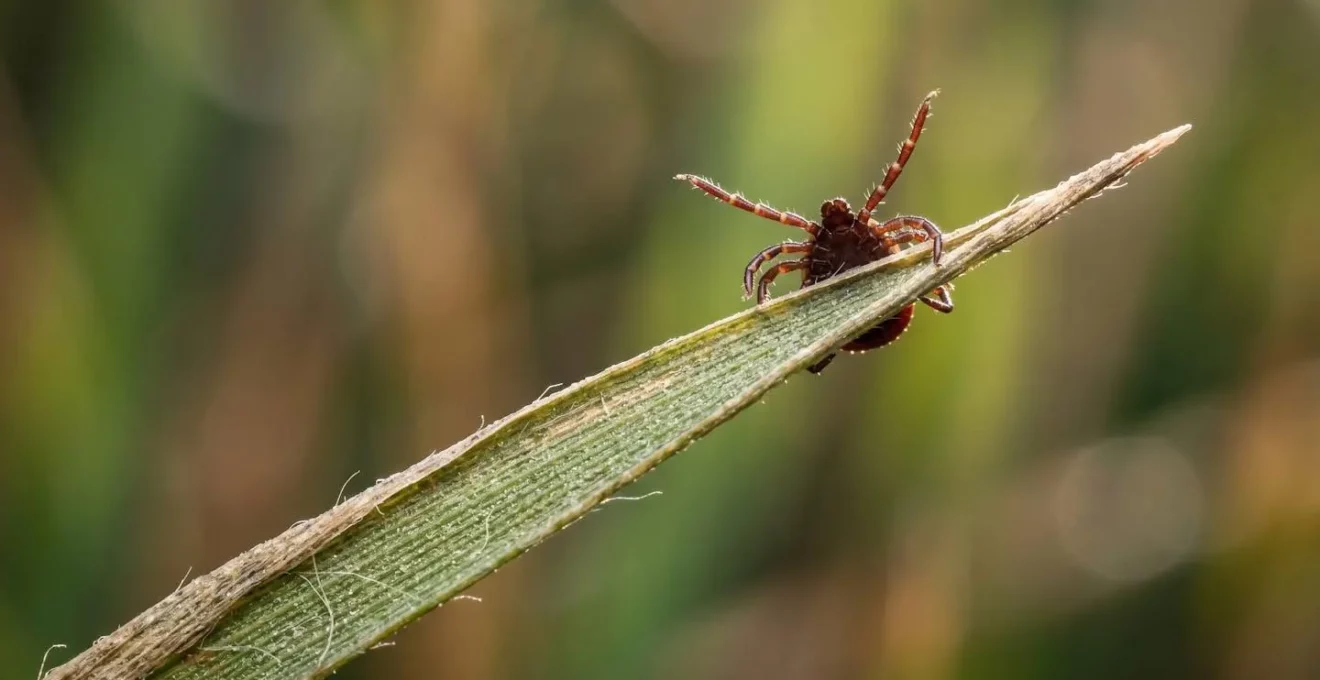 Gros plan macro sur une tique en position d'affût sur une tige d'herbe haute dans un jardin