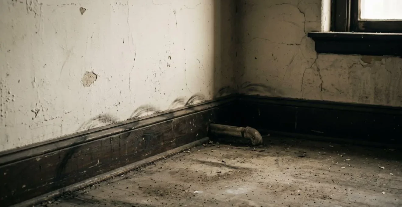 Traces sombres de graisse et de passage répété de rats le long d'une plinthe murale