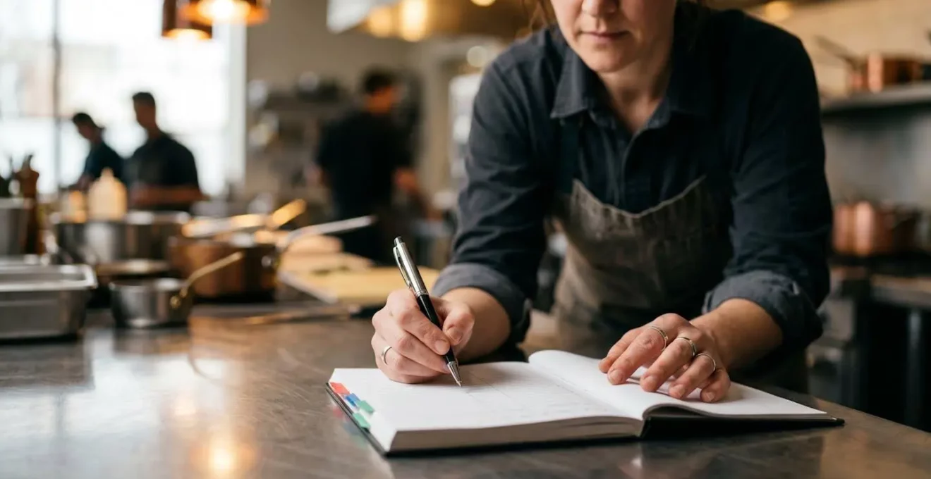 Scène de validation professionnelle d'un bon d'intervention de lutte antiparasitaire par un responsable qualifié en restauration