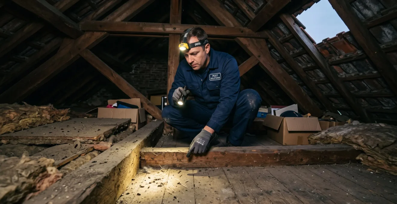 Un technicien examine des traces et excréments dans un grenier obscur.